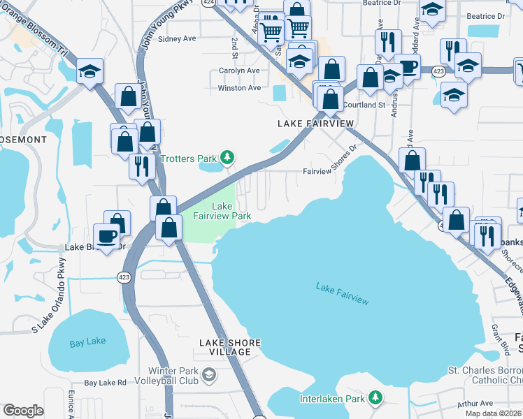map of restaurants, bars, coffee shops, grocery stores, and more near 4765 Sandy Shores Drive in Orlando