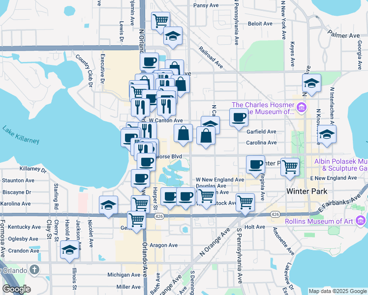 map of restaurants, bars, coffee shops, grocery stores, and more near 941 West Morse Boulevard in Winter Park