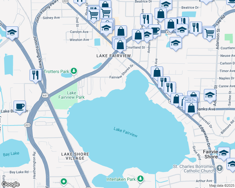 map of restaurants, bars, coffee shops, grocery stores, and more near 1776 Fairview Shores Drive in Orlando
