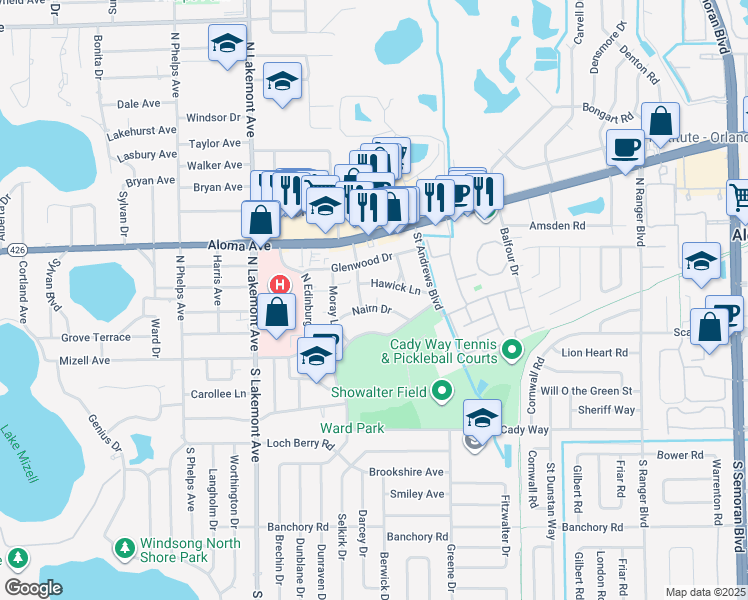 map of restaurants, bars, coffee shops, grocery stores, and more near 2236 Hawick Lane in Winter Park