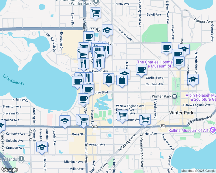 map of restaurants, bars, coffee shops, grocery stores, and more near 940 West Canton Avenue in Winter Park