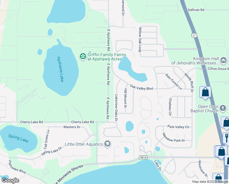map of restaurants, bars, coffee shops, grocery stores, and more near 1128 Lakeview Oaks Drive in Minneola