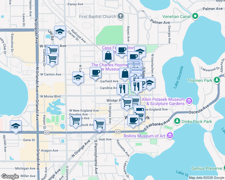 map of restaurants, bars, coffee shops, grocery stores, and more near 350 Carolina Avenue in Winter Park