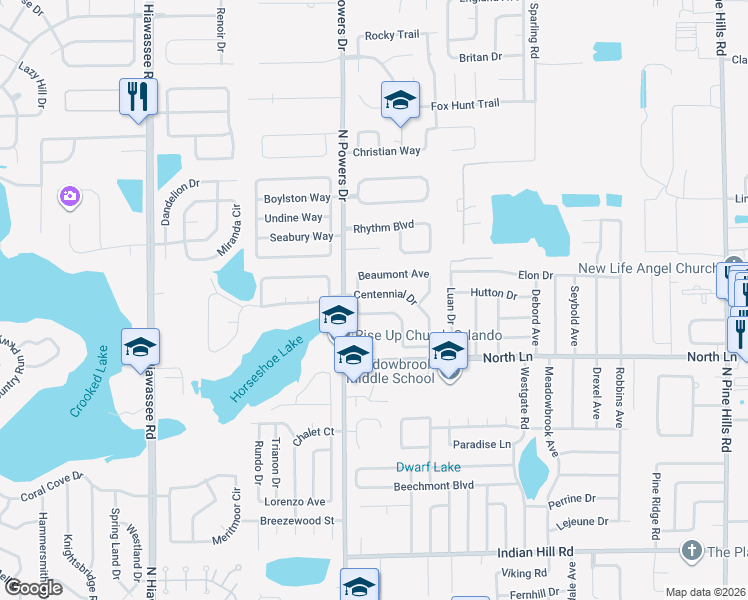 map of restaurants, bars, coffee shops, grocery stores, and more near 6219 Centennial Drive in Orlando