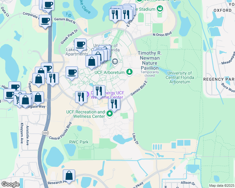 map of restaurants, bars, coffee shops, grocery stores, and more near 4016 Libra Drive in Orlando