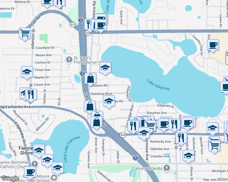 map of restaurants, bars, coffee shops, grocery stores, and more near 2460 Euston Road in Winter Park