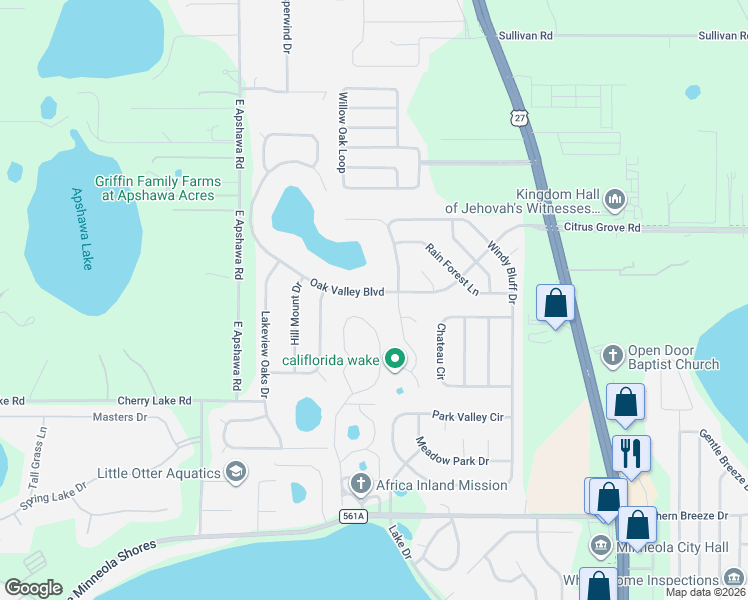 map of restaurants, bars, coffee shops, grocery stores, and more near 1304 Oak Valley Boulevard in Minneola