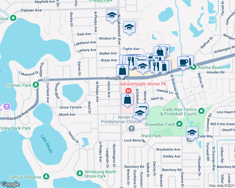 map of restaurants, bars, coffee shops, grocery stores, and more near in Winter Park