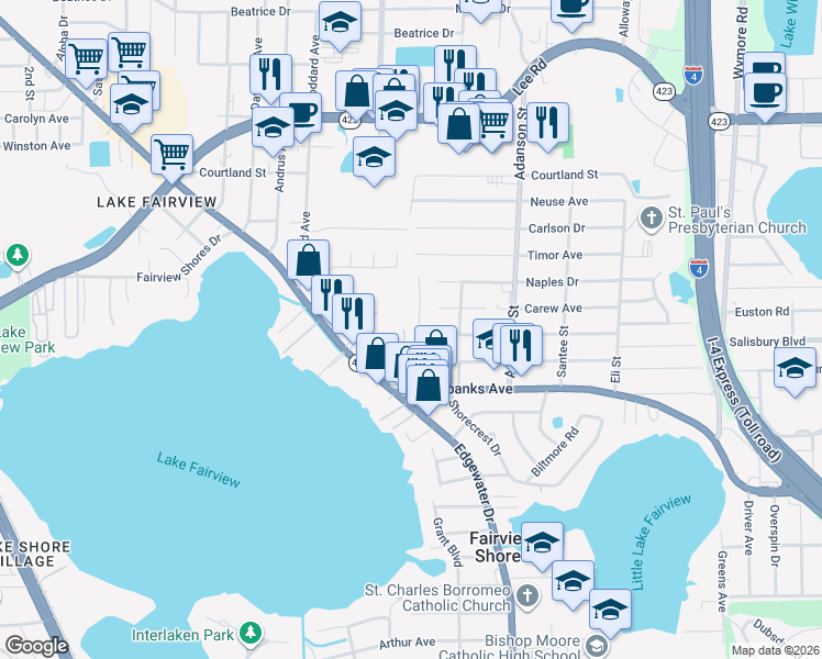 map of restaurants, bars, coffee shops, grocery stores, and more near 4467A Fairview Avenue in Orlando