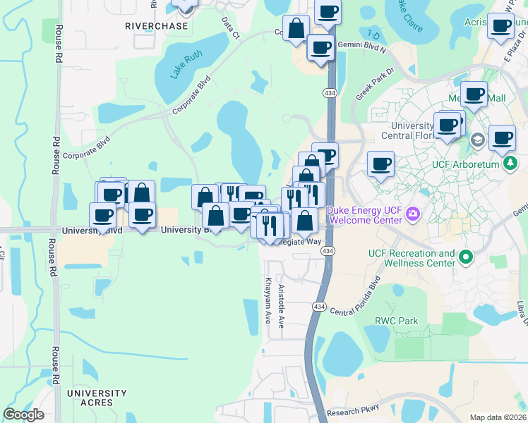 map of restaurants, bars, coffee shops, grocery stores, and more near 12124 High Tech Avenue in Orlando