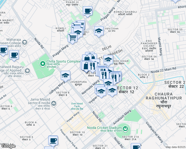 map of restaurants, bars, coffee shops, grocery stores, and more near in Noida