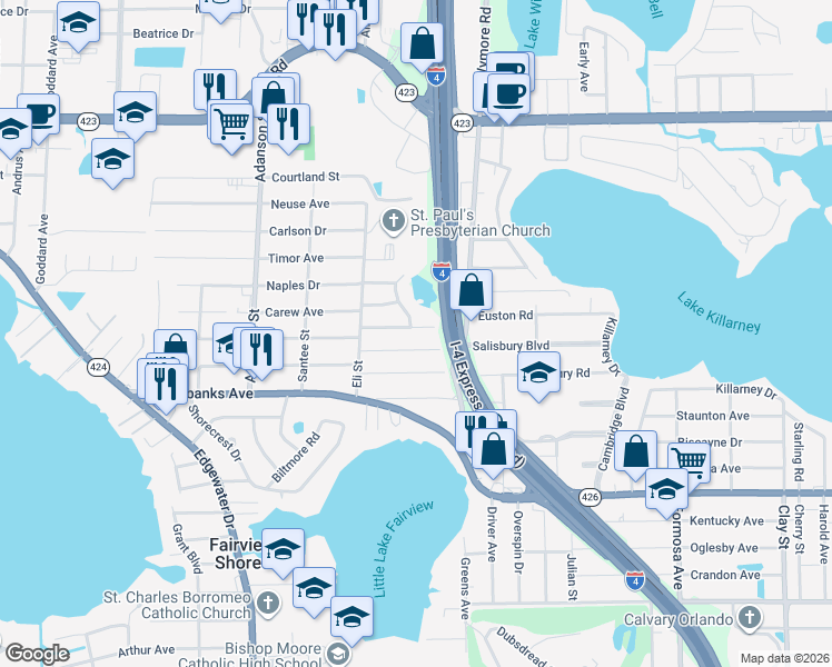 map of restaurants, bars, coffee shops, grocery stores, and more near 2827 Euston Road in Winter Park