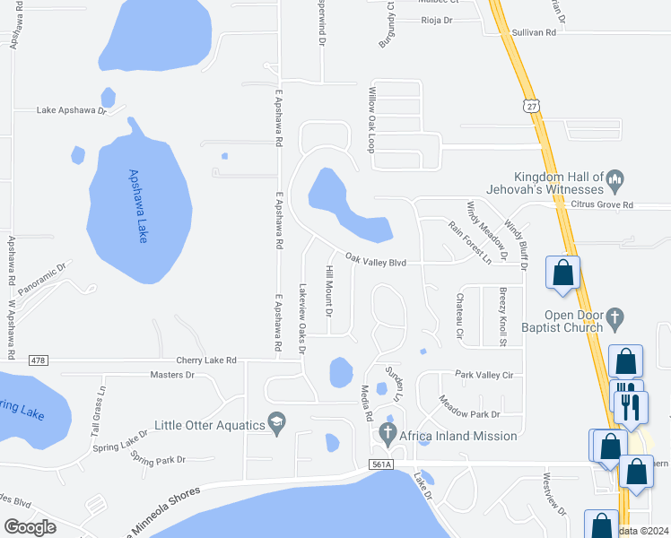 map of restaurants, bars, coffee shops, grocery stores, and more near 1133 Hill Mount Drive in Clermont