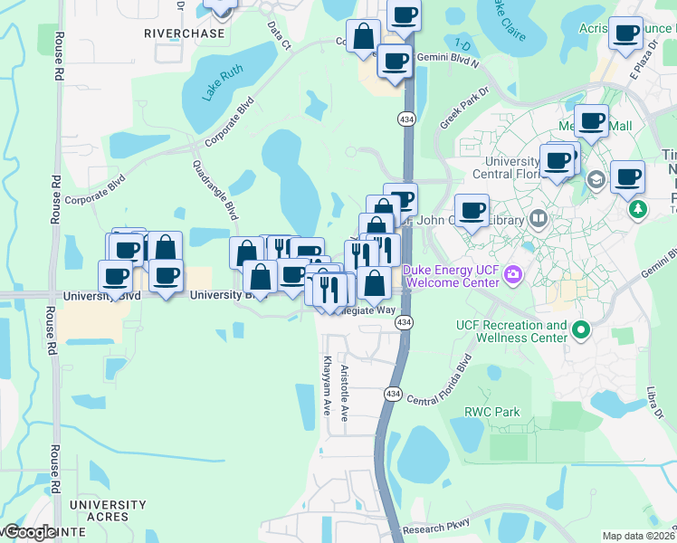 map of restaurants, bars, coffee shops, grocery stores, and more near 12124 High Tech Avenue in Orlando