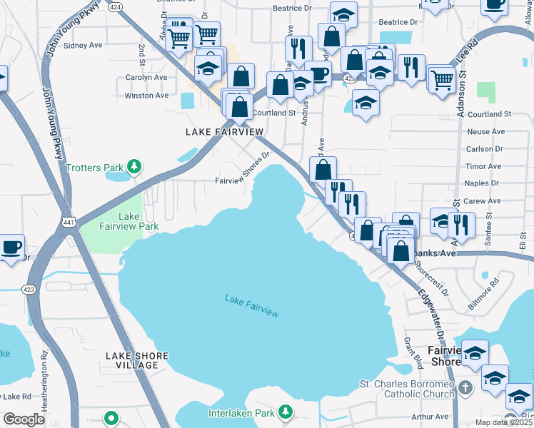 map of restaurants, bars, coffee shops, grocery stores, and more near 1776 Fairview Shores Drive in Orlando