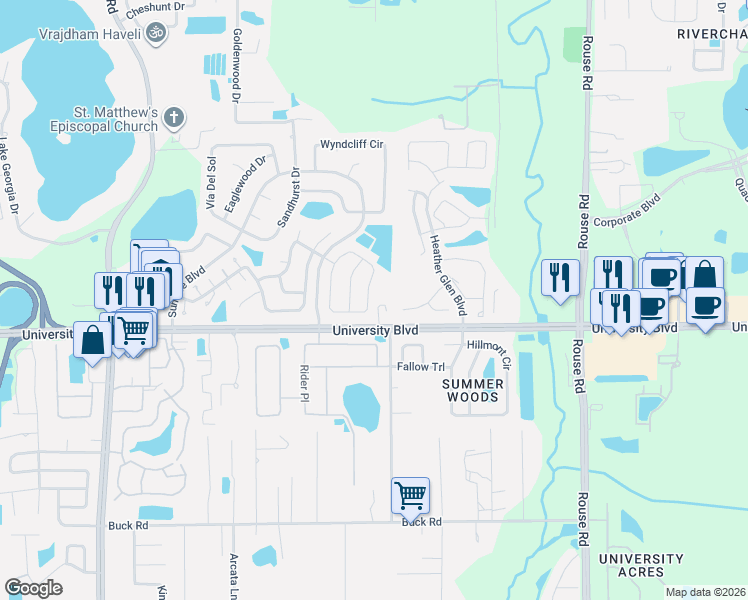 map of restaurants, bars, coffee shops, grocery stores, and more near 10731 Cherry Oak Circle in Orlando