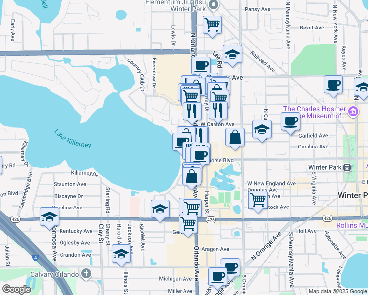 map of restaurants, bars, coffee shops, grocery stores, and more near 151 North Orlando Avenue in Winter Park