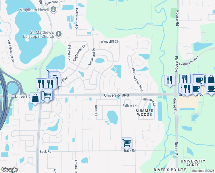 map of restaurants, bars, coffee shops, grocery stores, and more near 10731 Cherry Oak Circle in Orlando