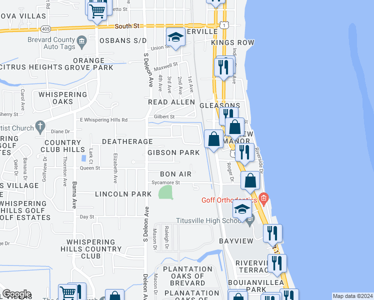 map of restaurants, bars, coffee shops, grocery stores, and more near 826 Gibson Street in Titusville