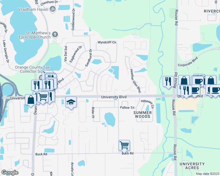 map of restaurants, bars, coffee shops, grocery stores, and more near 10719 Cherry Oak Circle in Orlando