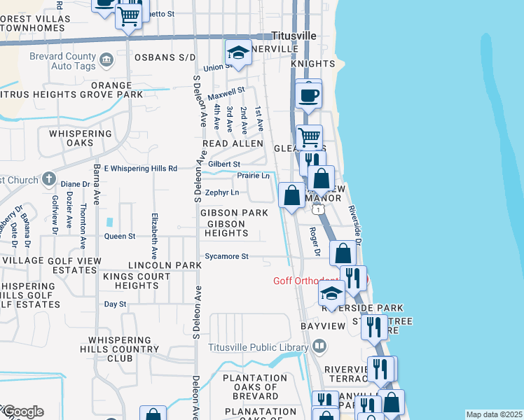 map of restaurants, bars, coffee shops, grocery stores, and more near 826 Gibson Street in Titusville