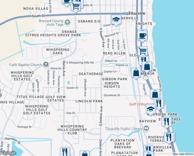 map of restaurants, bars, coffee shops, grocery stores, and more near 1165 Mockingbird Lane in Titusville