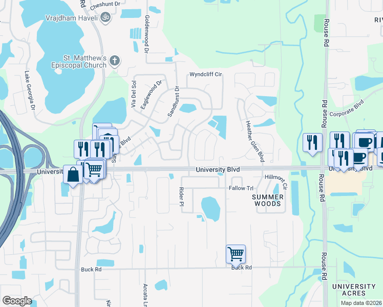 map of restaurants, bars, coffee shops, grocery stores, and more near 10536 Cherry Oak Circle in Orlando