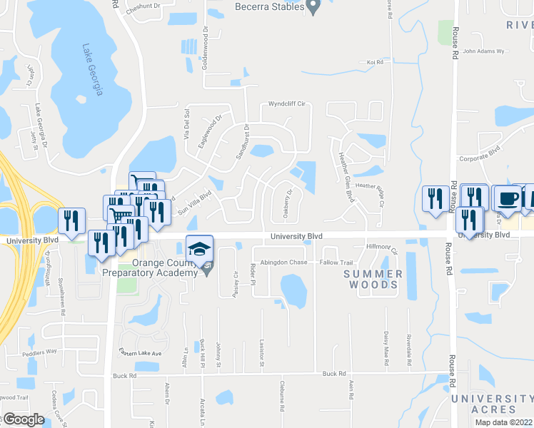 map of restaurants, bars, coffee shops, grocery stores, and more near 10536 Cherry Oak Circle in Orlando