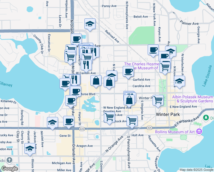 map of restaurants, bars, coffee shops, grocery stores, and more near 832 Symonds Avenue in Winter Park