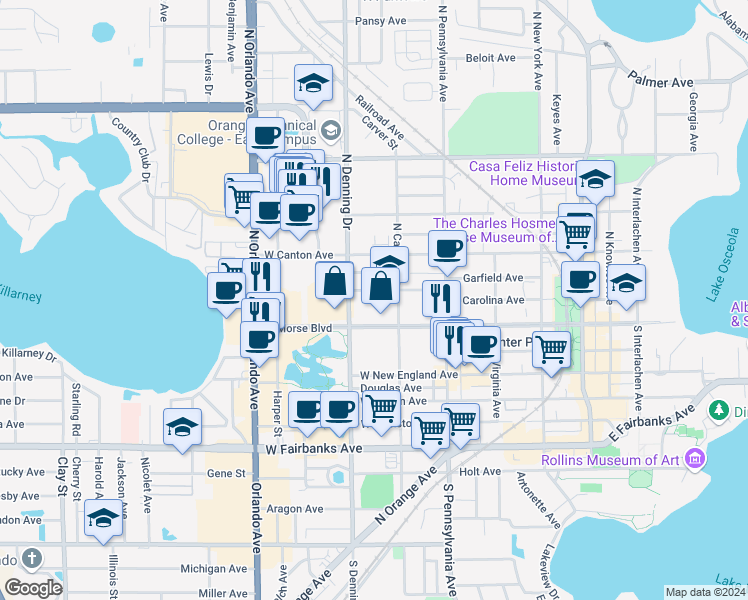map of restaurants, bars, coffee shops, grocery stores, and more near 832 Symonds Avenue in Winter Park
