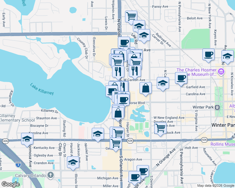 map of restaurants, bars, coffee shops, grocery stores, and more near in Winter Park