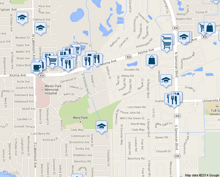 map of restaurants, bars, coffee shops, grocery stores, and more near 226 Balfour Drive in Winter Park
