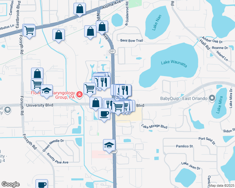 map of restaurants, bars, coffee shops, grocery stores, and more near 4073 North Goldenrod Road in Winter Park