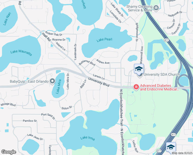 map of restaurants, bars, coffee shops, grocery stores, and more near 8704 Larwin Lane in Orlando