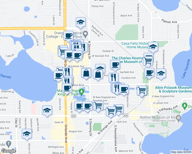 map of restaurants, bars, coffee shops, grocery stores, and more near 832 Symonds Avenue in Winter Park