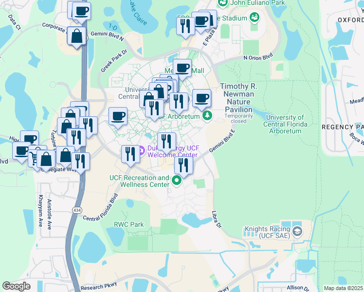 map of restaurants, bars, coffee shops, grocery stores, and more near Libra Drive in Orlando