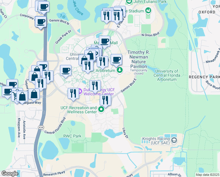 map of restaurants, bars, coffee shops, grocery stores, and more near 4016 Libra Drive in Orlando