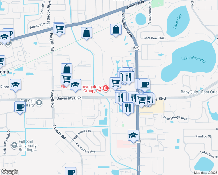 map of restaurants, bars, coffee shops, grocery stores, and more near 4090 Metric Drive in Winter Park