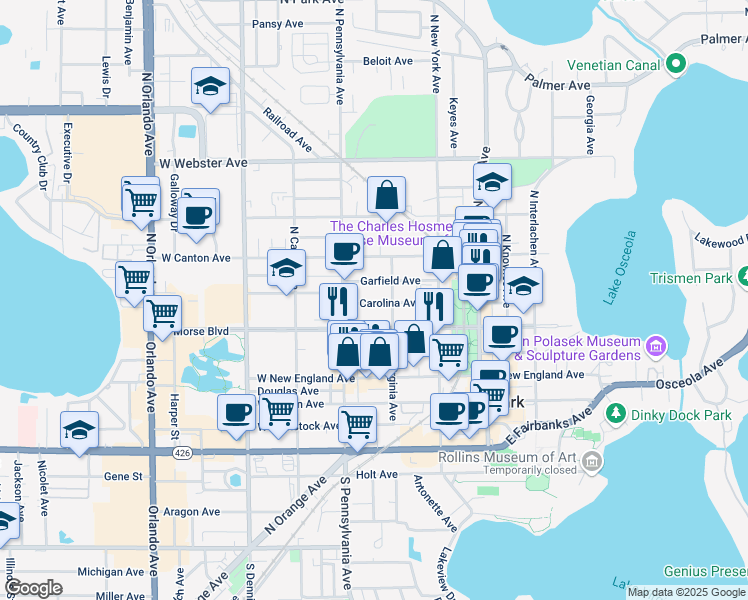 map of restaurants, bars, coffee shops, grocery stores, and more near 443 Carolina Avenue in Winter Park