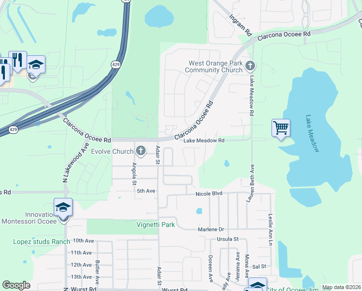 map of restaurants, bars, coffee shops, grocery stores, and more near 2038 Key Lime Street in Ocoee