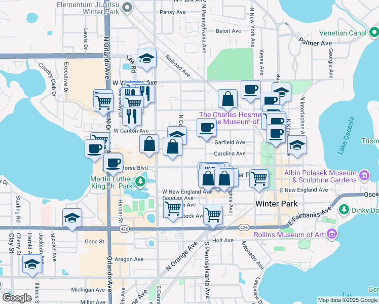 map of restaurants, bars, coffee shops, grocery stores, and more near 710 Symonds Avenue in Winter Park