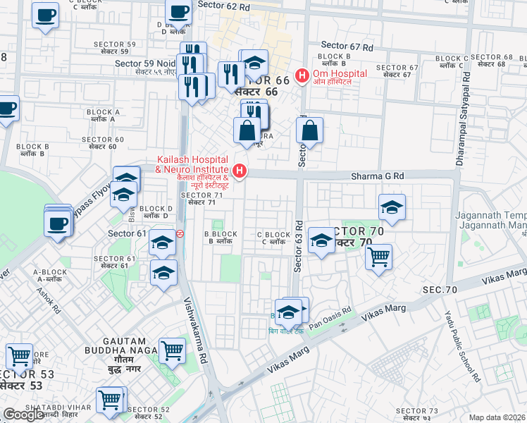 map of restaurants, bars, coffee shops, grocery stores, and more near 52 Park View Road in Noida