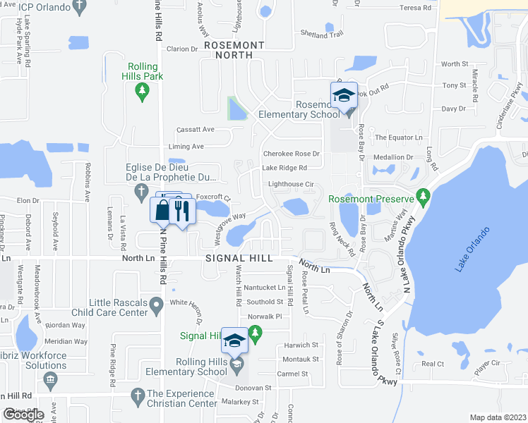 map of restaurants, bars, coffee shops, grocery stores, and more near 4679 Westgrove Way in Orlando