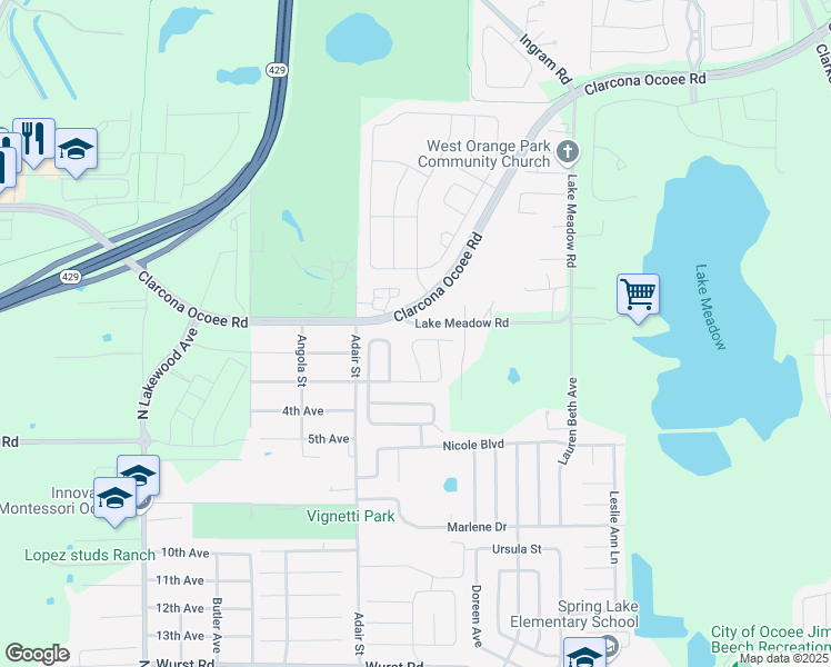 map of restaurants, bars, coffee shops, grocery stores, and more near 2044 Key Lime Street in Ocoee