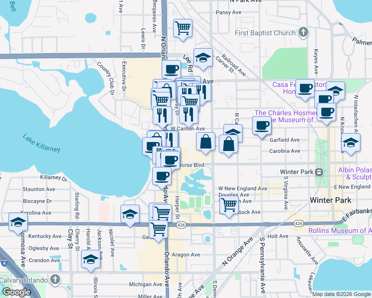 map of restaurants, bars, coffee shops, grocery stores, and more near 1079 West Morse Boulevard in Winter Park