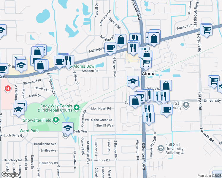 map of restaurants, bars, coffee shops, grocery stores, and more near 316 Beckett Court in Winter Park