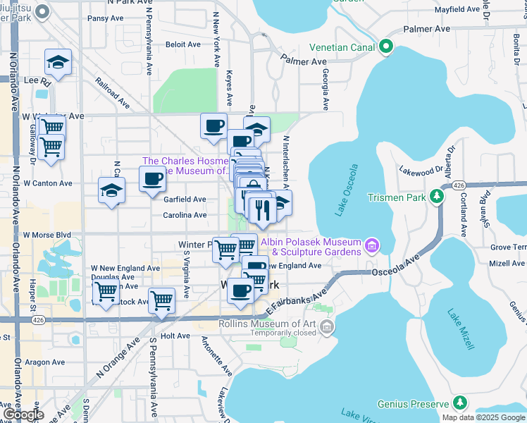 map of restaurants, bars, coffee shops, grocery stores, and more near 210 North Knowles Avenue in Winter Park