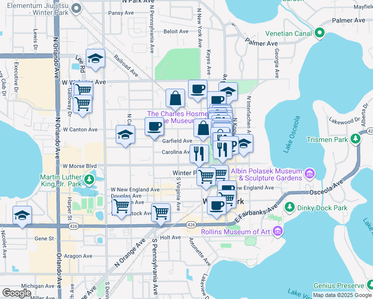 map of restaurants, bars, coffee shops, grocery stores, and more near 359 Carolina Avenue in Winter Park