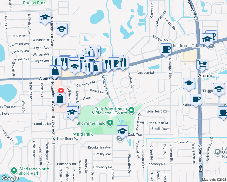 map of restaurants, bars, coffee shops, grocery stores, and more near 300 Village Lane in Winter Park