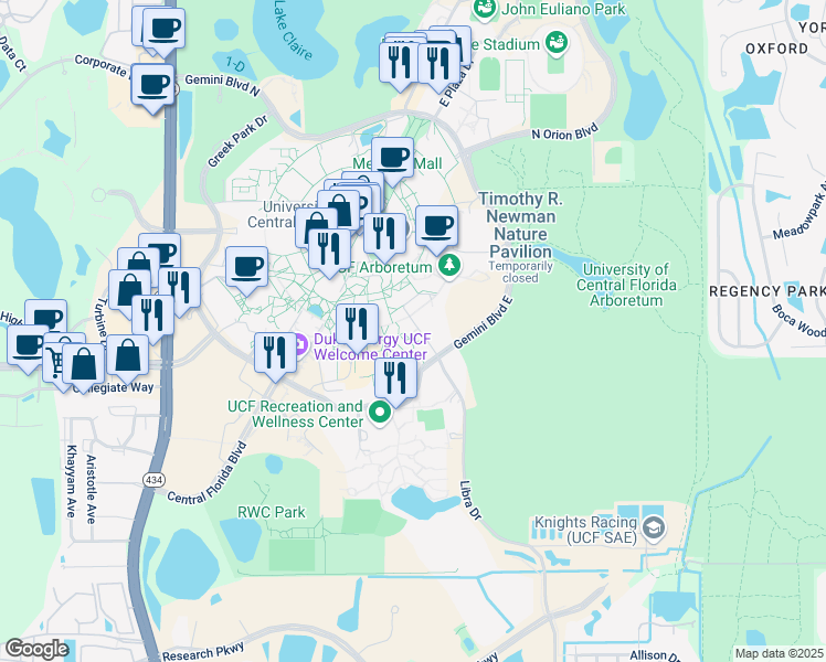 map of restaurants, bars, coffee shops, grocery stores, and more near 4016 Libra Drive in Orlando